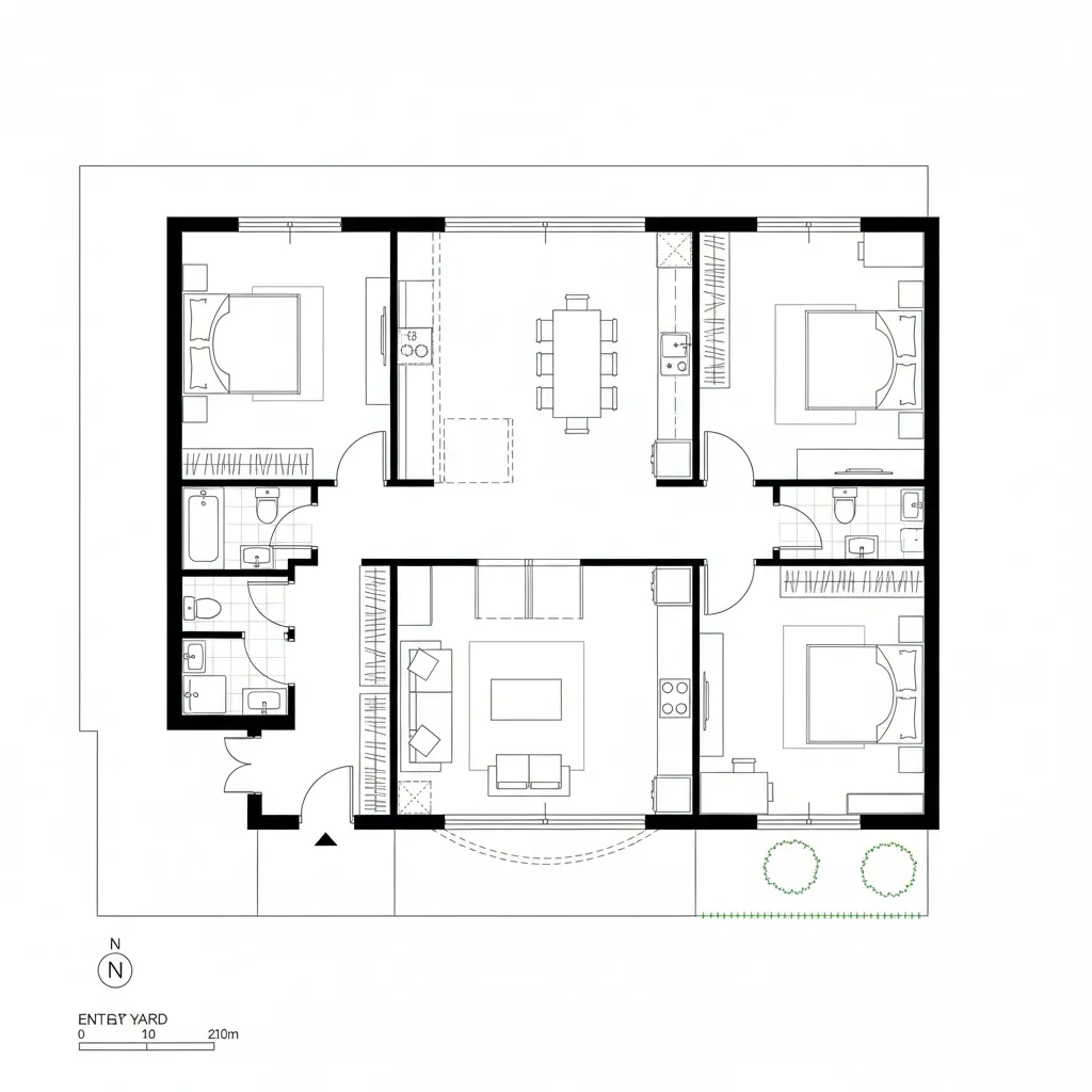 Top-down CAD floor plan with a central courtyard splitting public and private wings