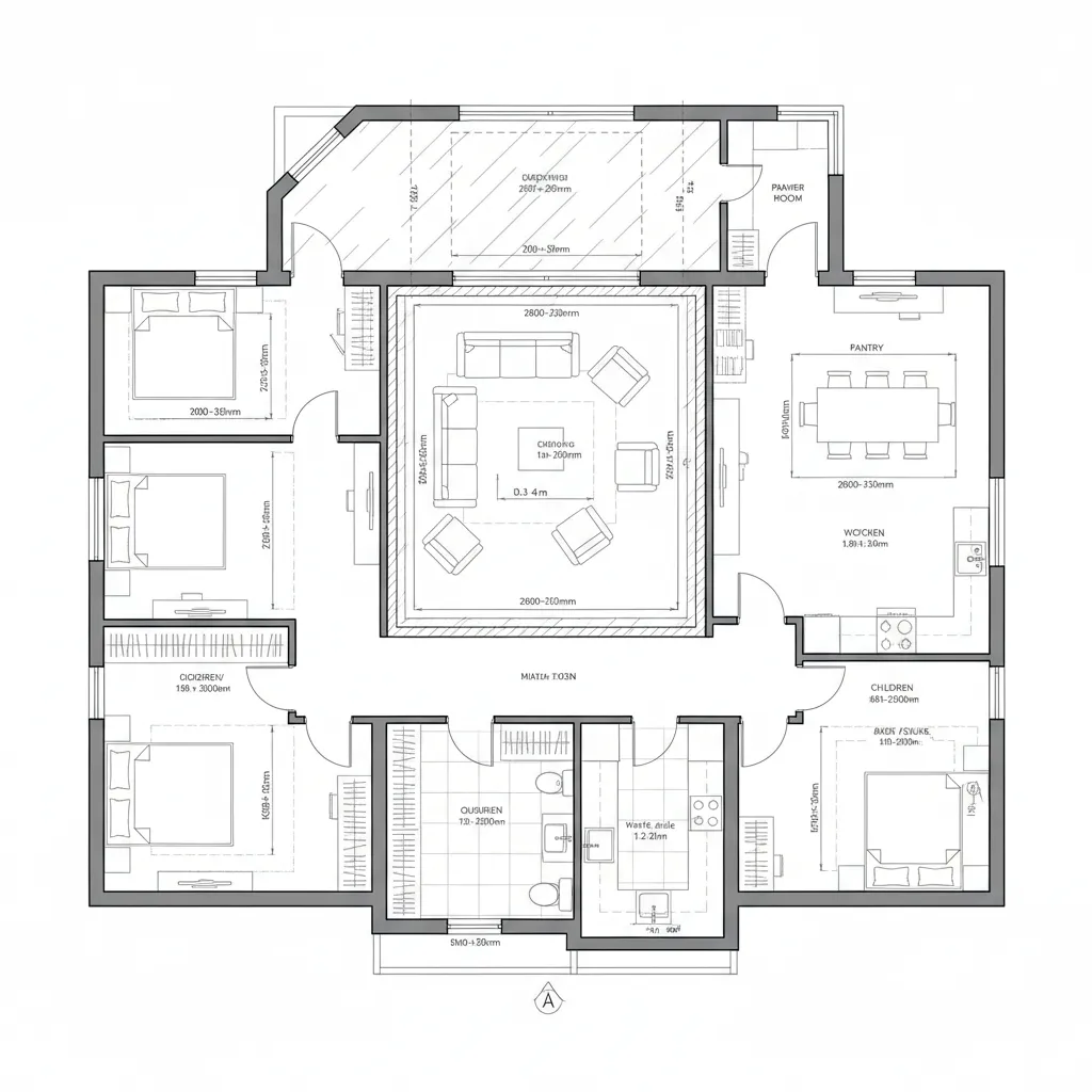 Orthographic plan with central courtyard and public-private ring zoning