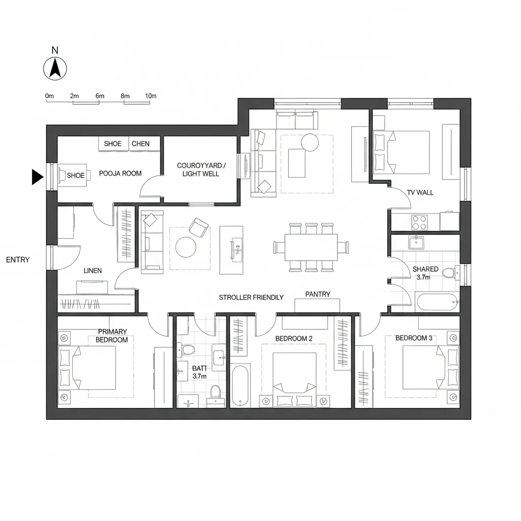 Top-down CAD plan with central pooja near foyer and courtyard spine
