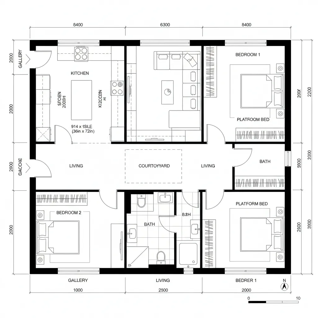 Courtyard Spine with Semi-Open Kitchen