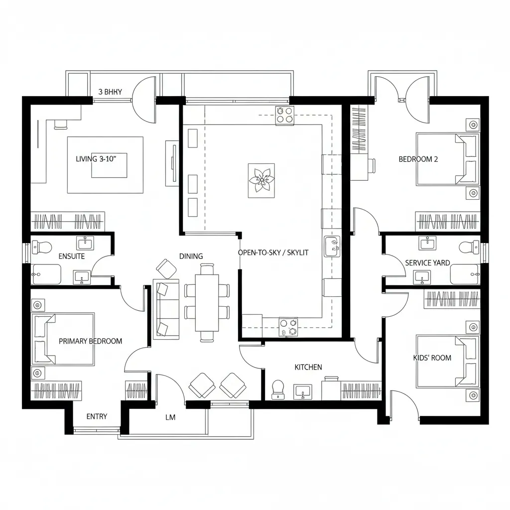 Interior design drawing showing a three bedroom apartment layout with dining area and central courtyard