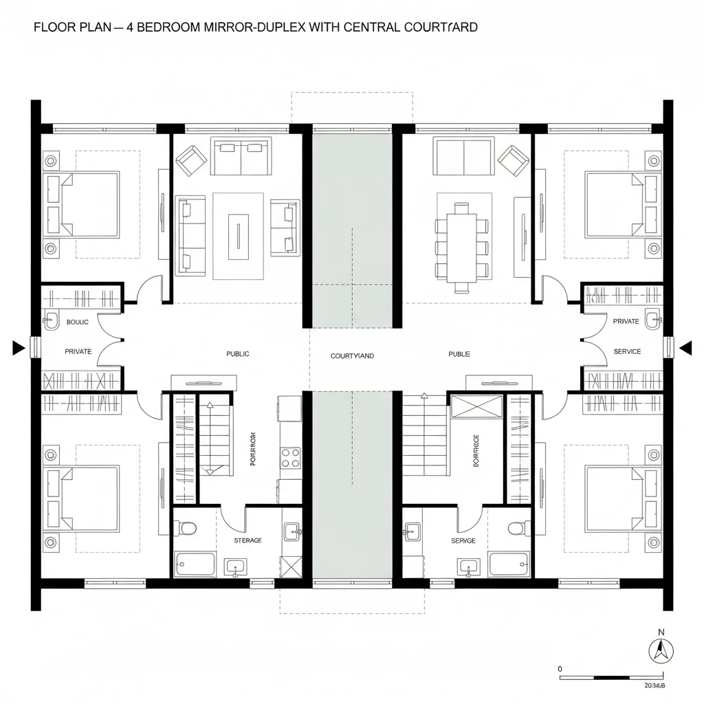 Top-down CAD plan of duplex with courtyard spine and split-level bedrooms