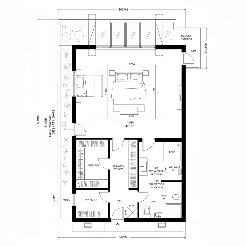Top-down CAD plan of a lake-facing master suite with courtyard spine and wet/dry bath zoning