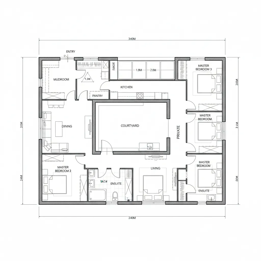 Top-down CAD plan of farmhouse with courtyard spine and split bedroom wing