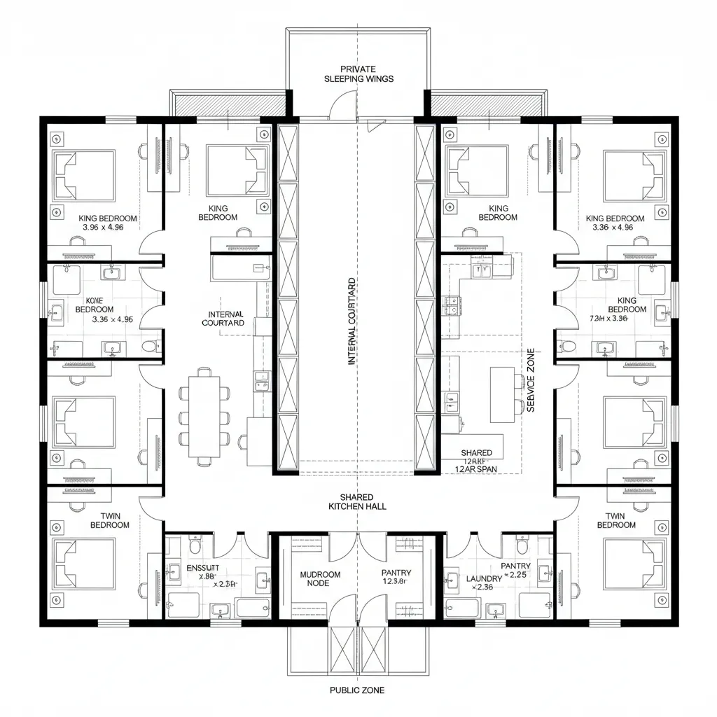 Floor plan drawing with multiple bedrooms shared kitchen hall internal courtyard and central hallway layout design