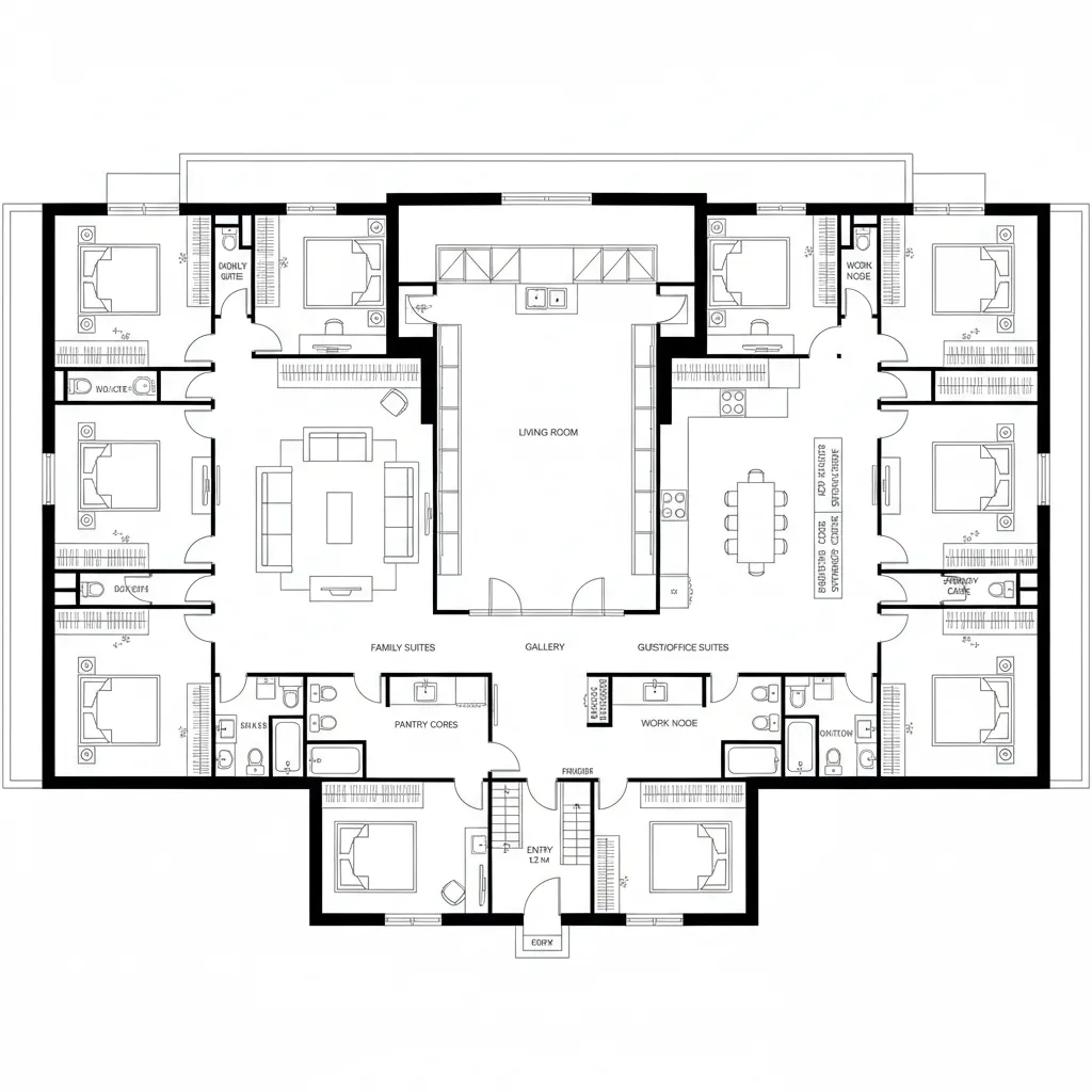 Top-down CAD floor plan with central courtyard and split family and guest wings