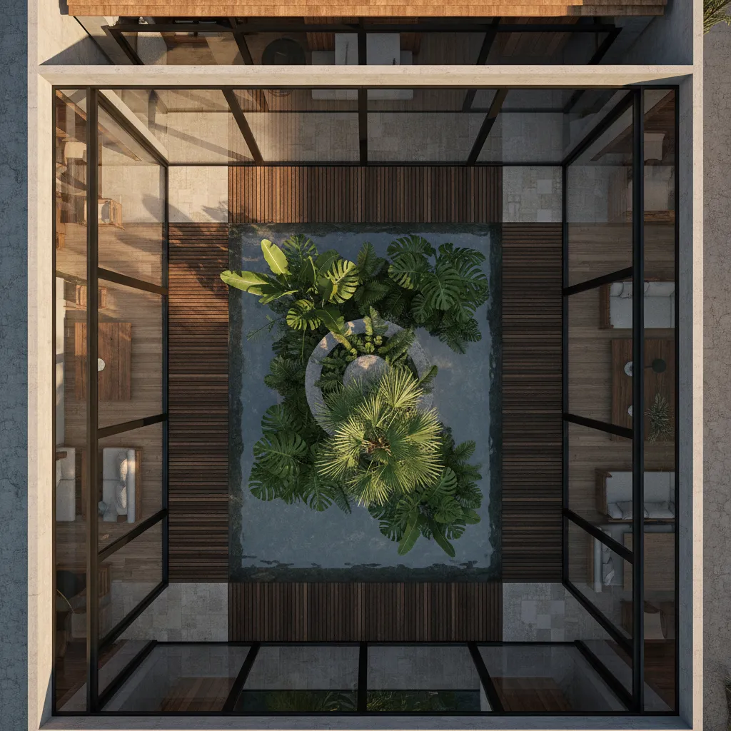 tropical house courtyard with surrounding rooms and natural ventilation