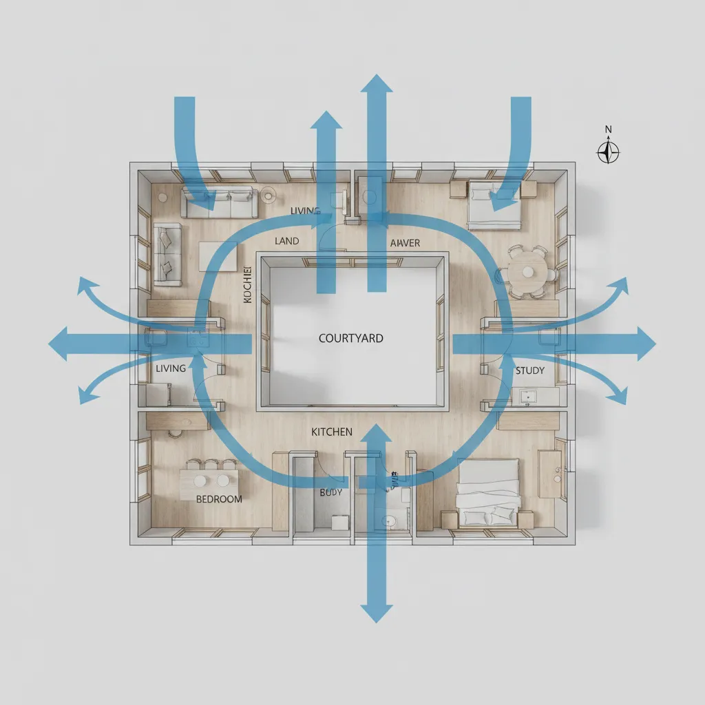 architectural diagram showing airflow through courtyard house layout