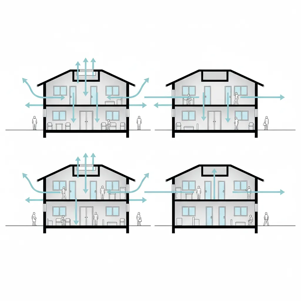 Comparison diagram of courtyard ventilation and cross ventilation in house design