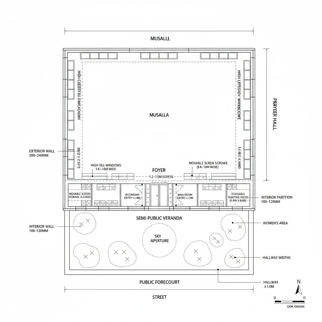Top-down CAD plan of courtyard, shaded veranda, foyer, and musalla sequence