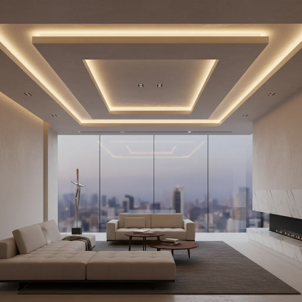 false ceiling with soft indirect cove lighting creating depth in living room