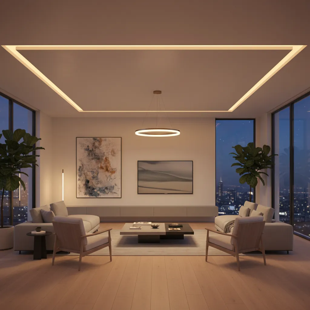 Living room ceiling with soft indirect cove lighting around the perimeter