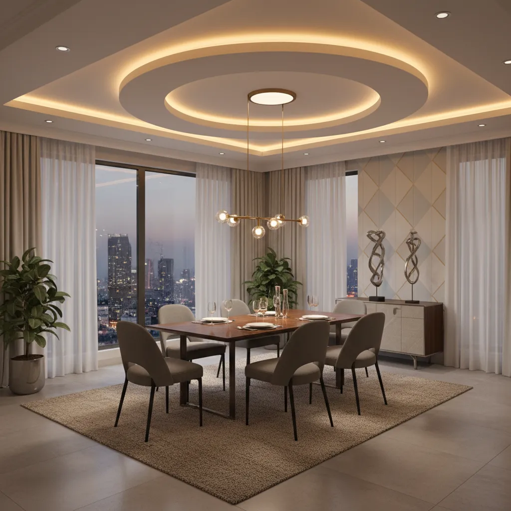 Dining room POP ceiling with warm LED cove lighting around edges
