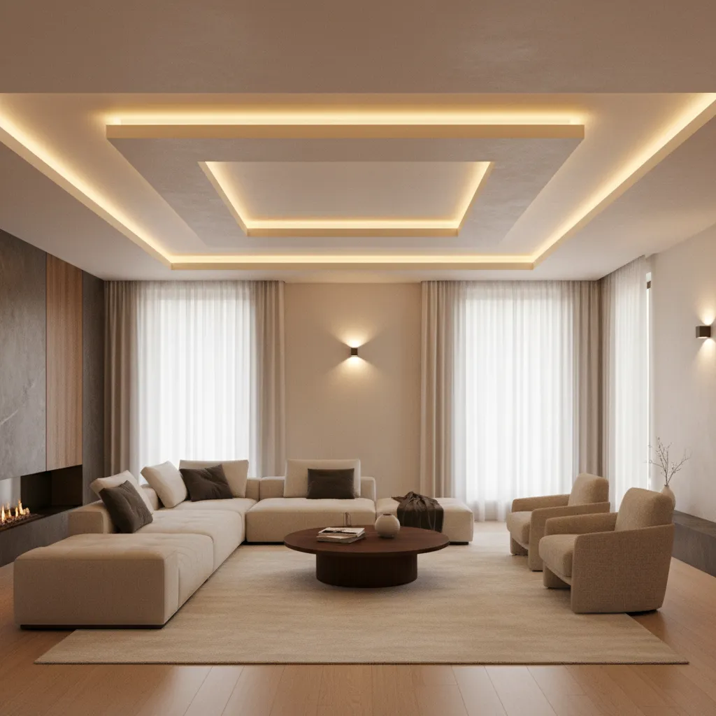 Cove lighting integrated into recessed slab ceiling in modern hall