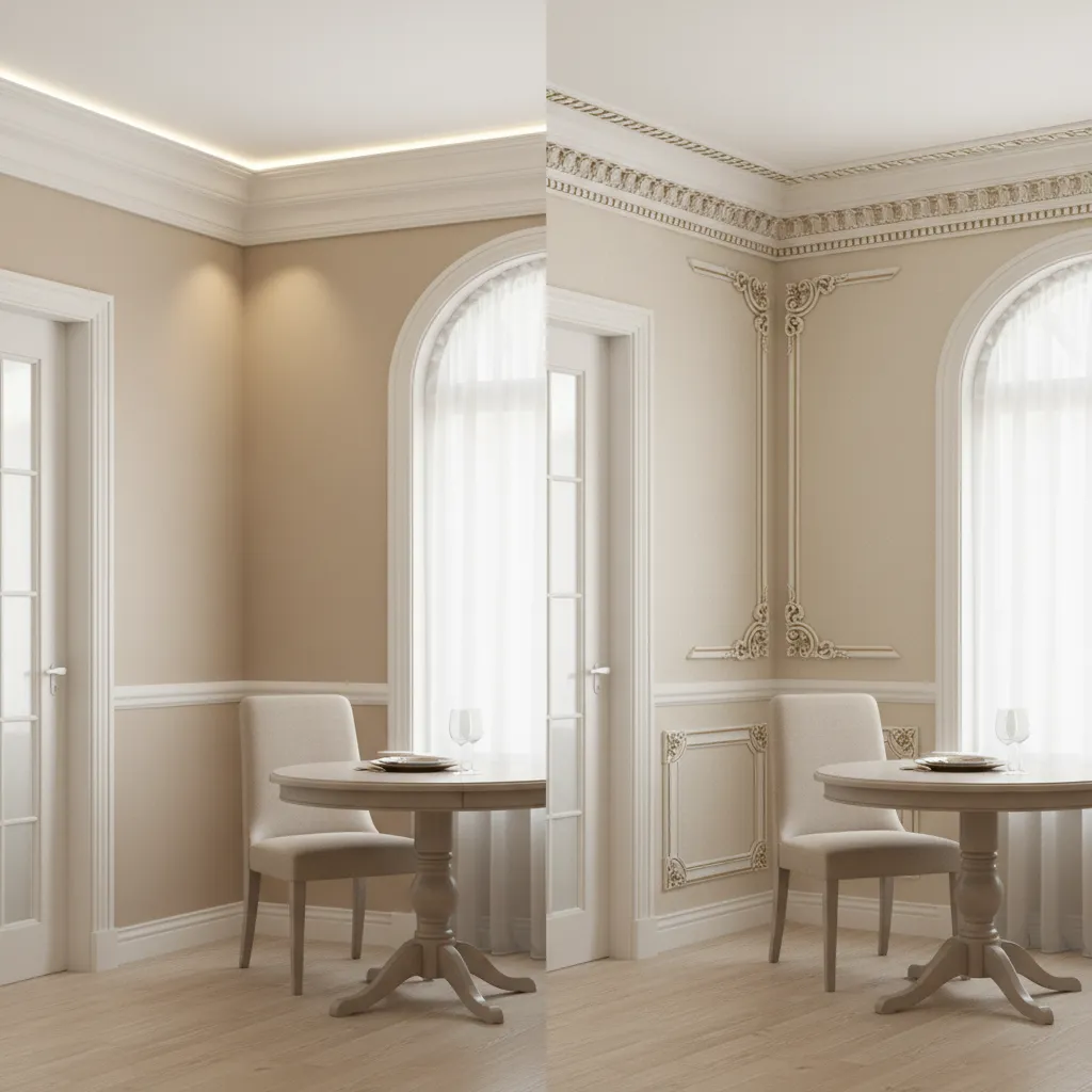 Comparison of simple cove crown molding and ornate decorative molding