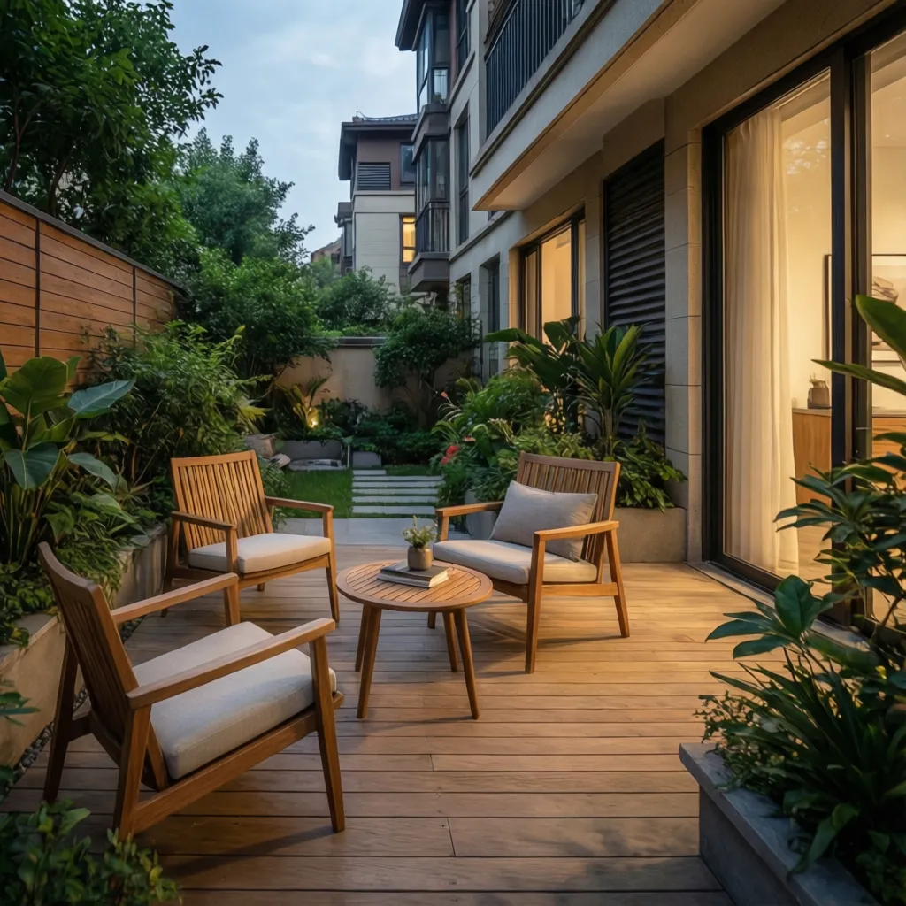 Modern wooden patio with three chairs and small round table surrounded by green garden plants