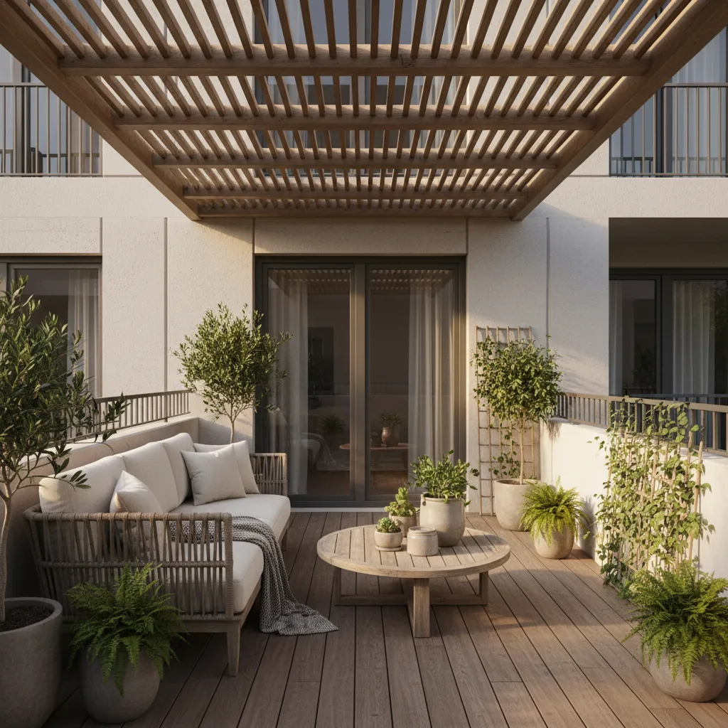 covered balcony seating area with roof and plants