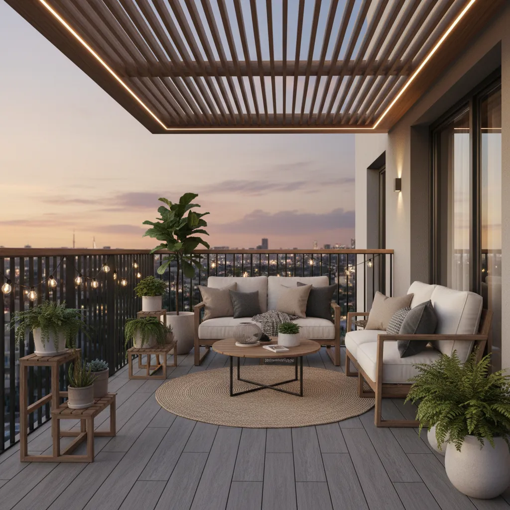 Cozy balcony with protective cover seating plants and soft lighting