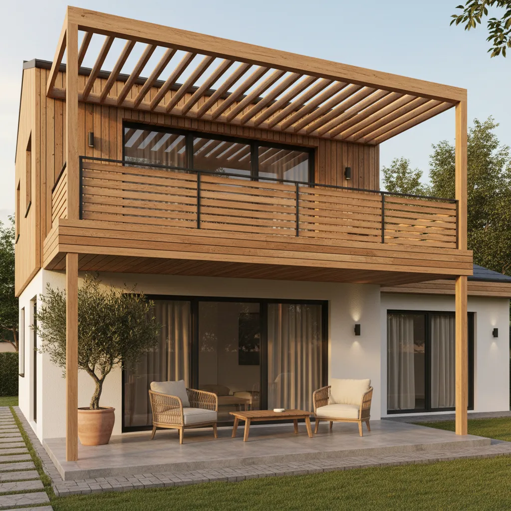 Second floor balcony with pergola style partial roof