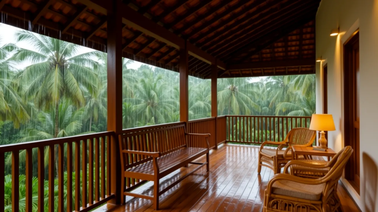 Covered balcony seating area protected from rain in Kerala style home