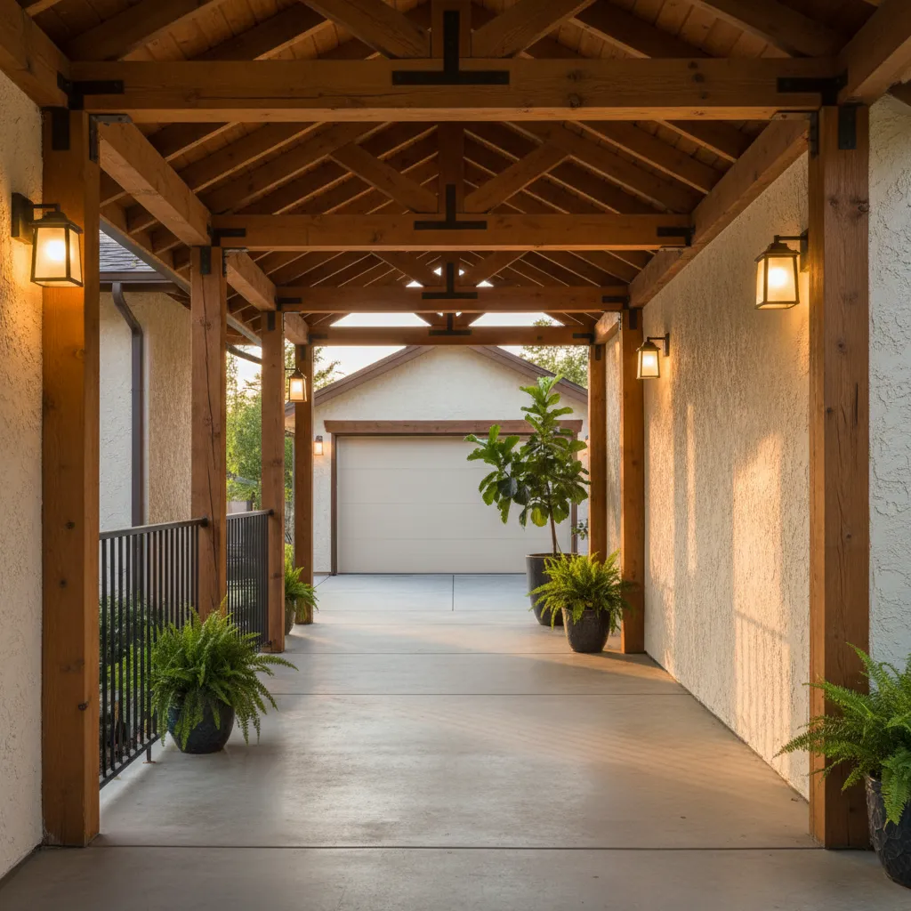 covered breezeway walkway with lighting between garage and house