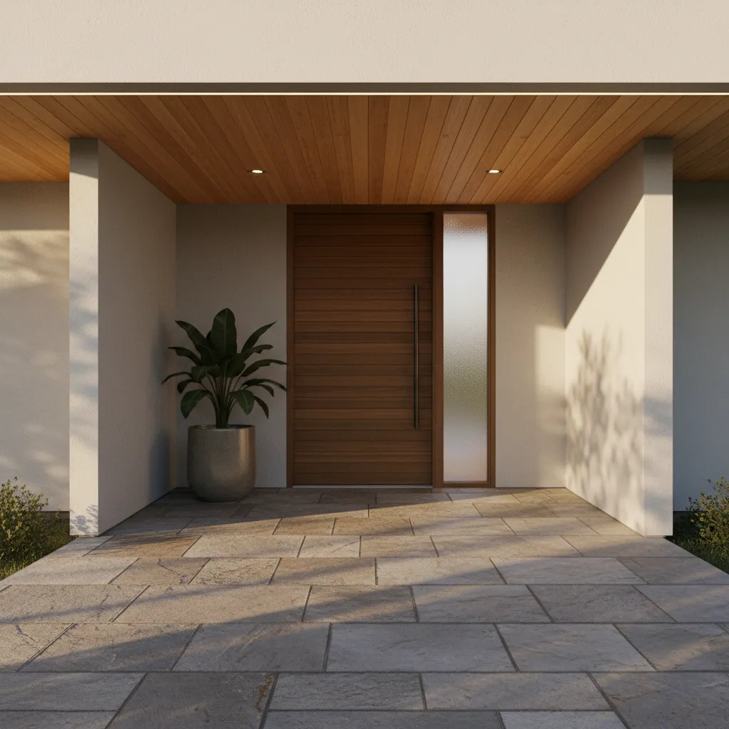 Covered porch shading an east-facing front door to reduce heat and glare