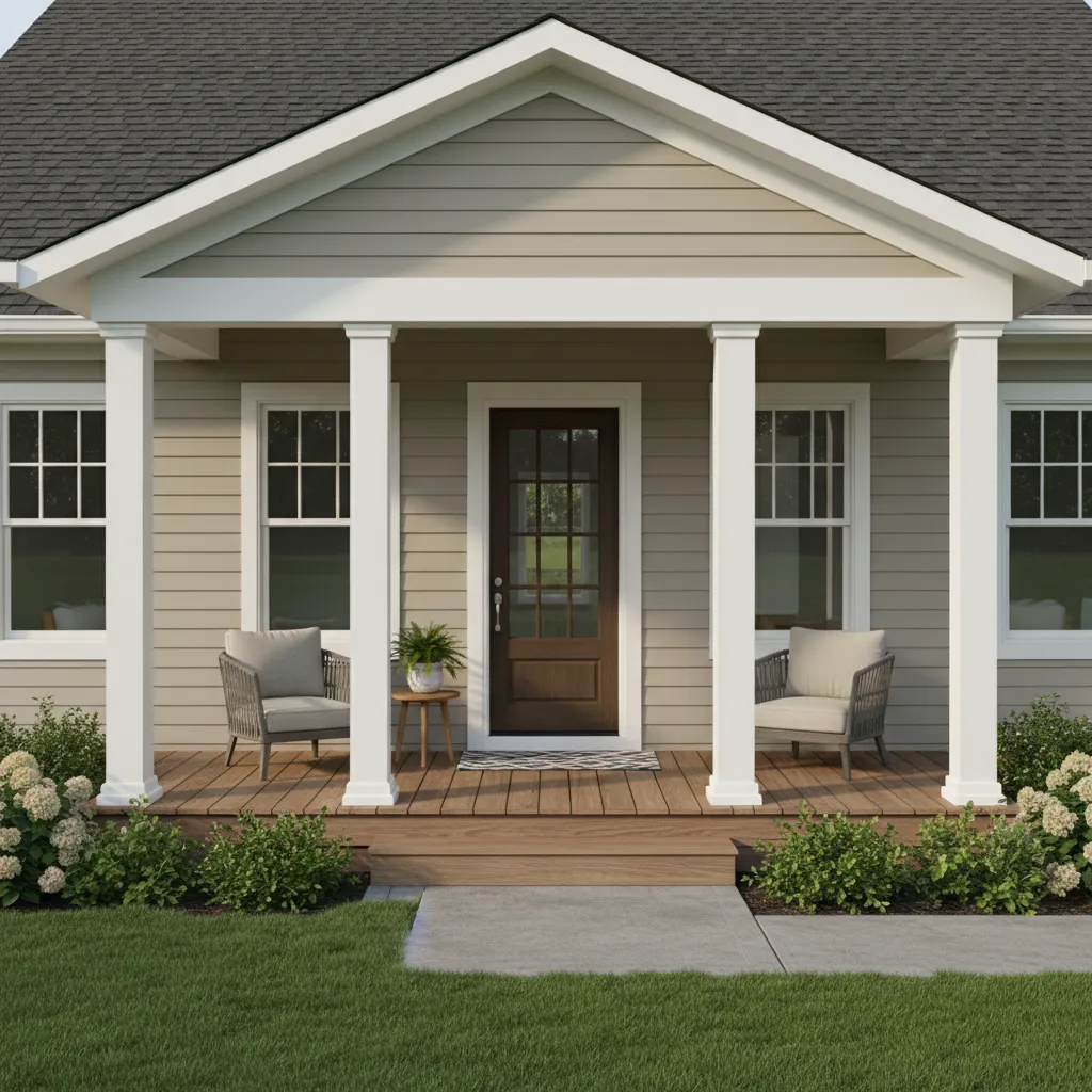 Covered front porch with sloped roof attached to a residential home