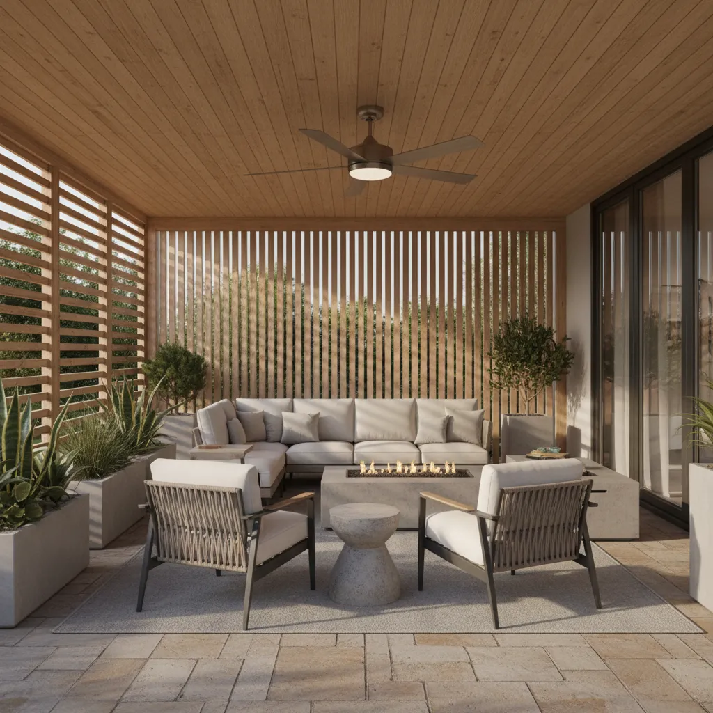 Outdoor ceiling fan installed on a covered patio ceiling