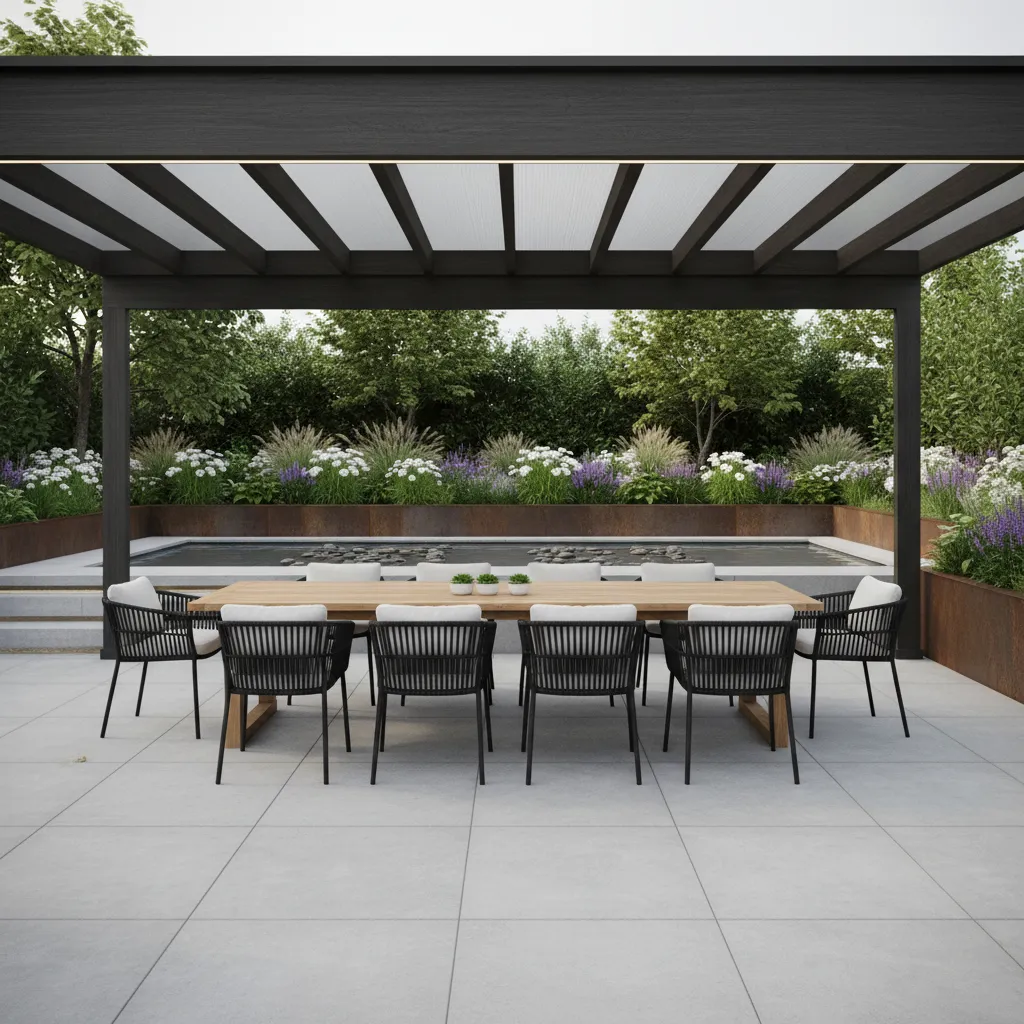 Outdoor dining area with black wicker chairs placed under covered patio