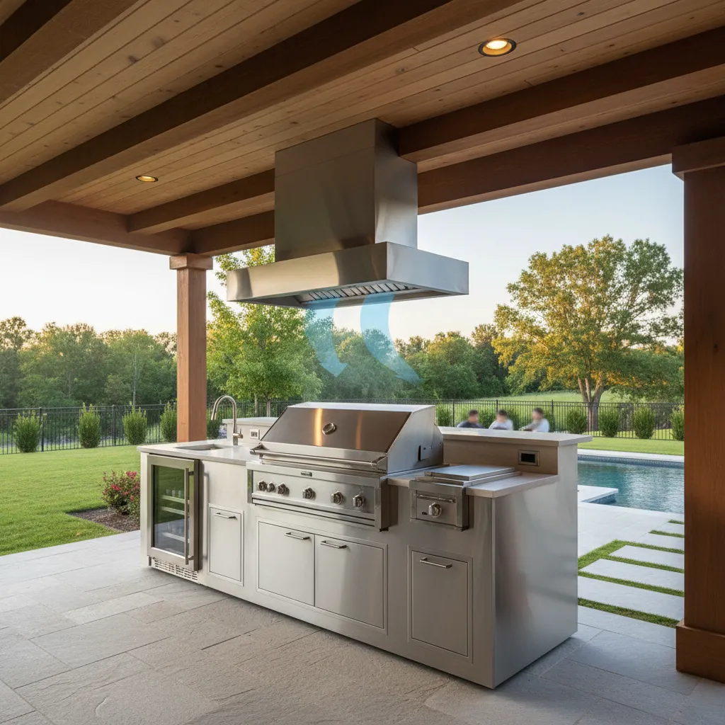 covered porch grill with outdoor vent hood and airflow path illustration