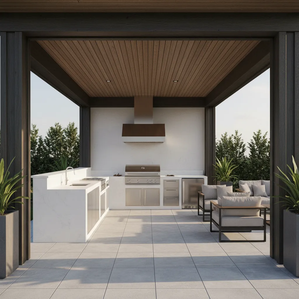 Covered porch outdoor kitchen with ventilation hood above grill
