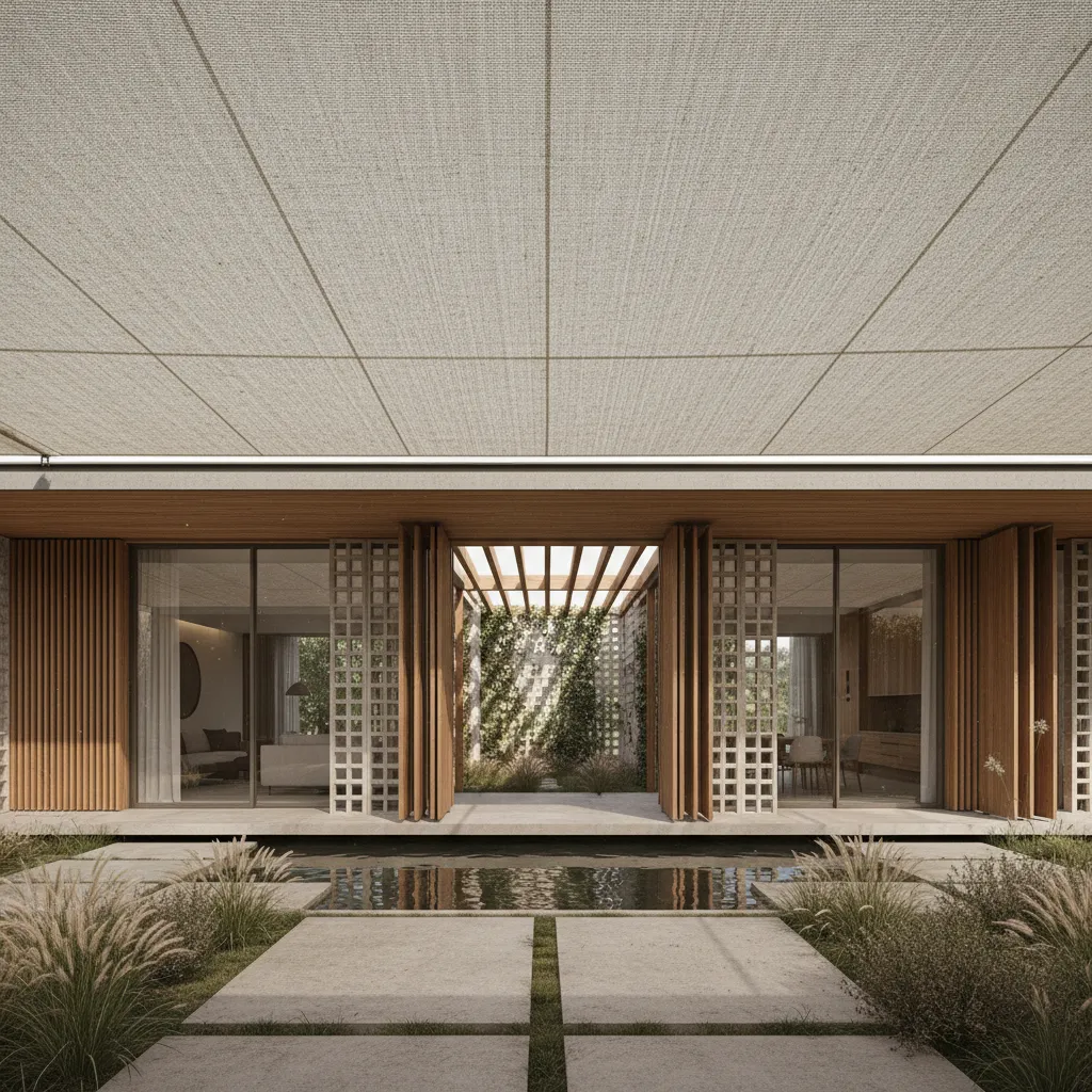 House Plan with Covered Sit-out: A future-facing residential interface where a shaded edge becomes the home’s social operating system