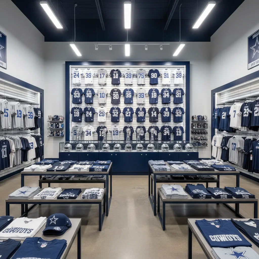 Dallas Cowboys fan shop interior with jersey wall and memorabilia displays