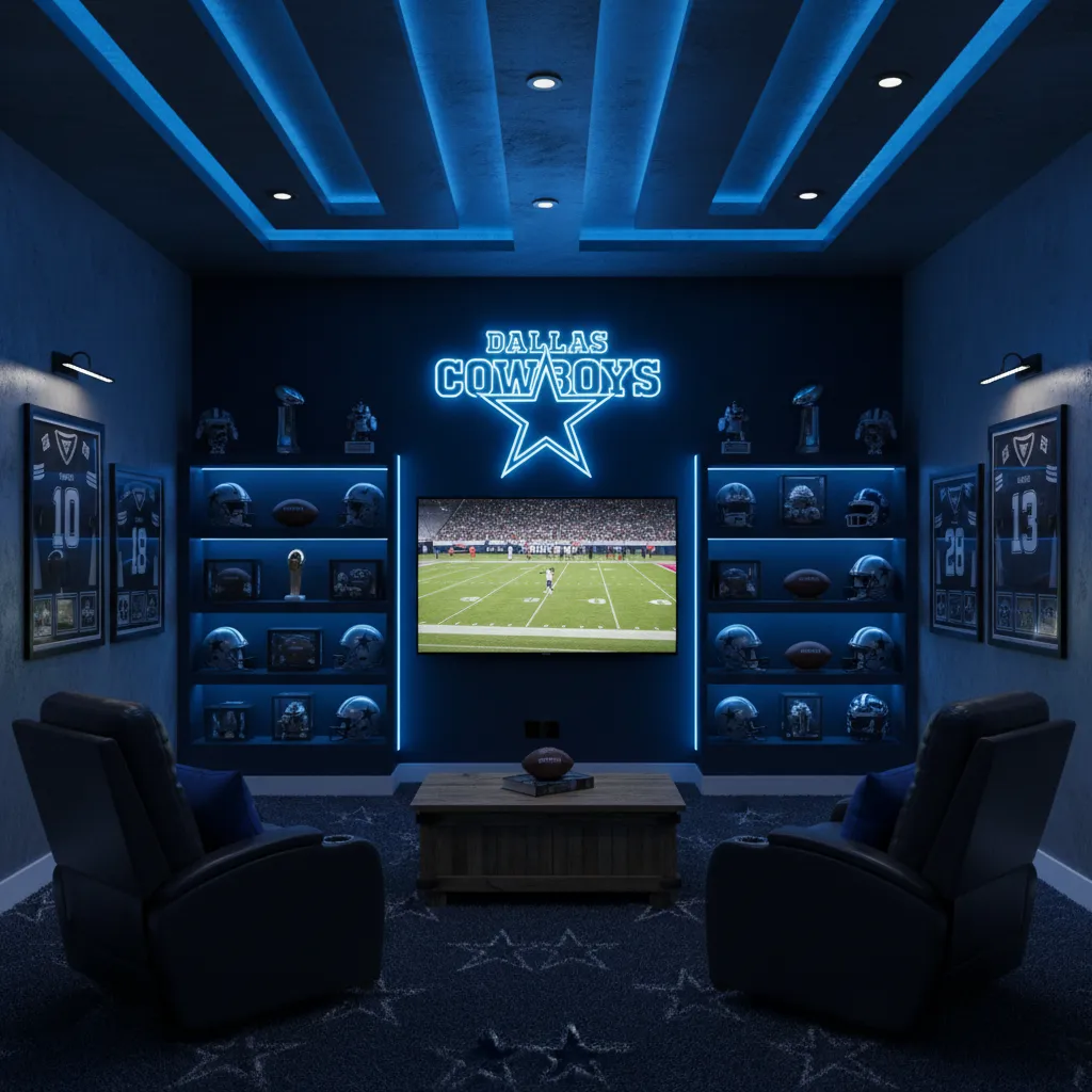 Dallas Cowboys fan cave with LED neon sign and blue accent lighting