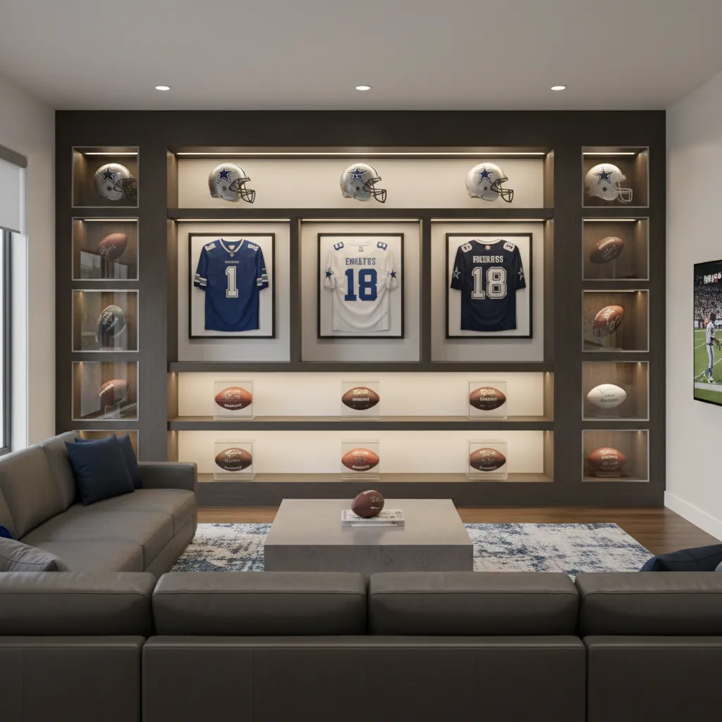Dallas Cowboys memorabilia display wall with helmets and signed footballs