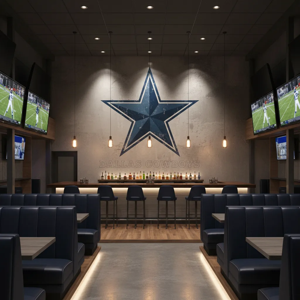 sports bar interior with Dallas Cowboys star wall mural and navy seating