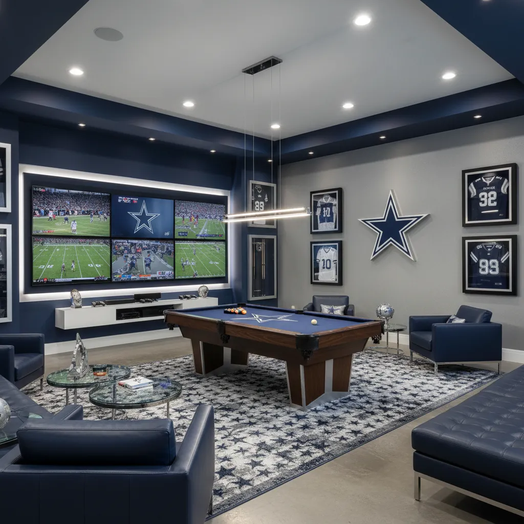 Dallas Cowboys themed game room with pool table big screen and memorabilia wall