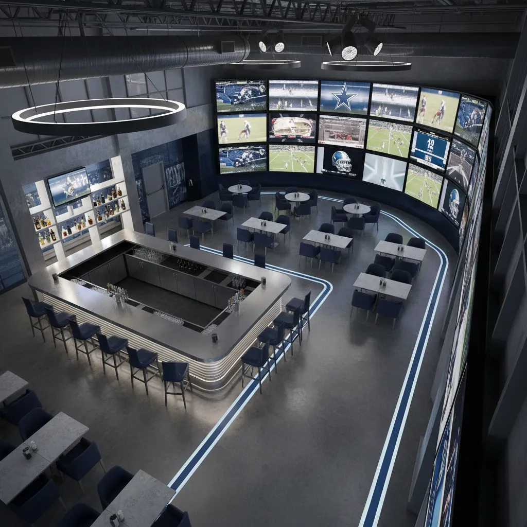Dallas Cowboys themed sports bar seating layout with large TV viewing zones