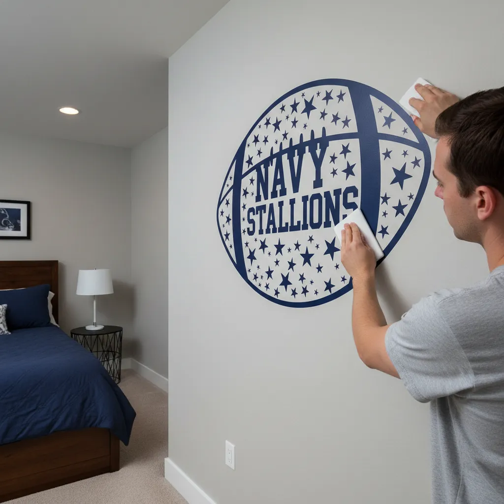 Applying a Dallas Cowboys wall decal on a clean bedroom wall