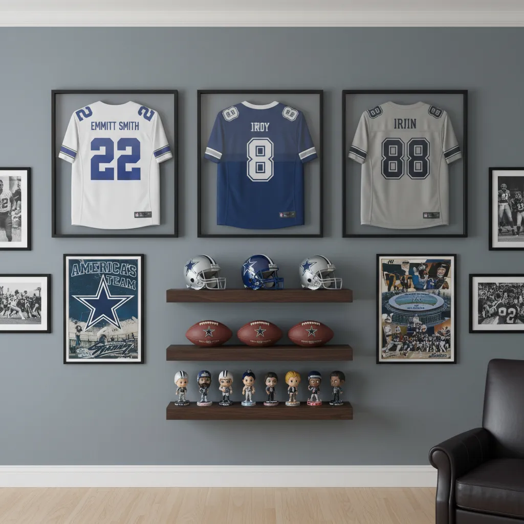Dallas Cowboys gallery wall with framed posters and floating shelves