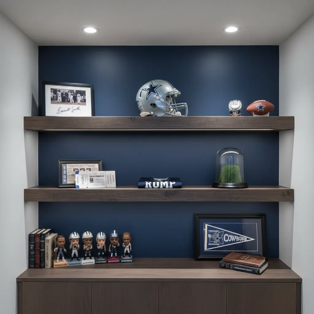 Wall mounted shelves displaying Dallas Cowboys memorabilia in small room