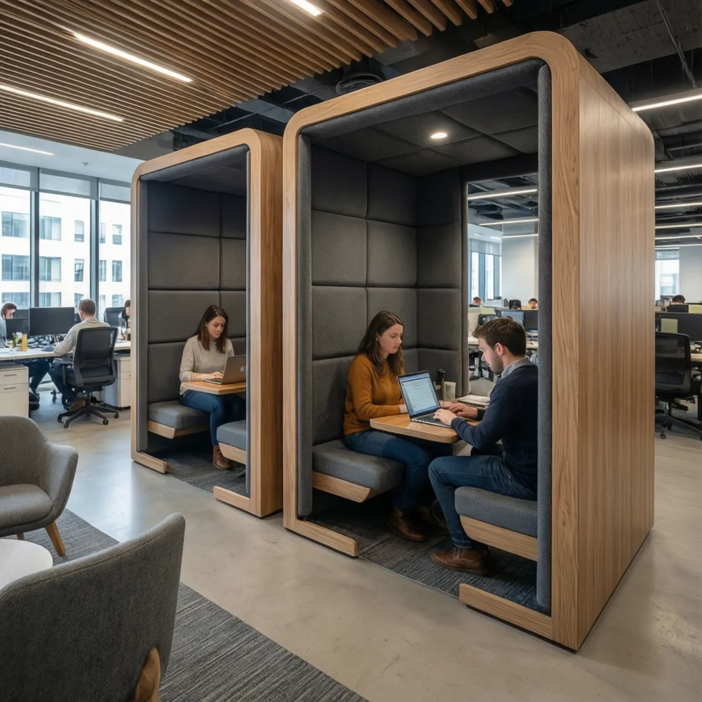 Cabinas acústicas para llamadas dentro de un coworking moderno