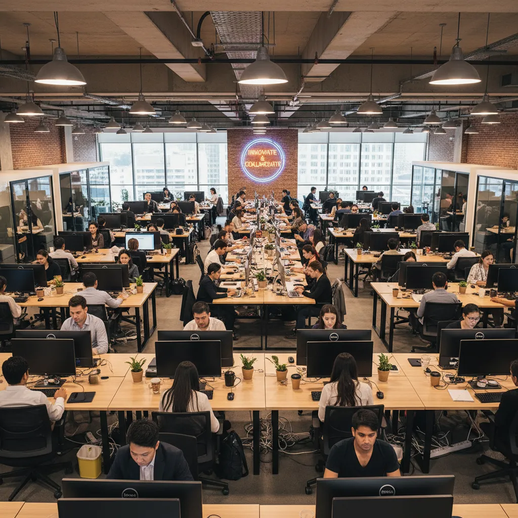 Coworking con demasiados escritorios y poco espacio entre usuarios