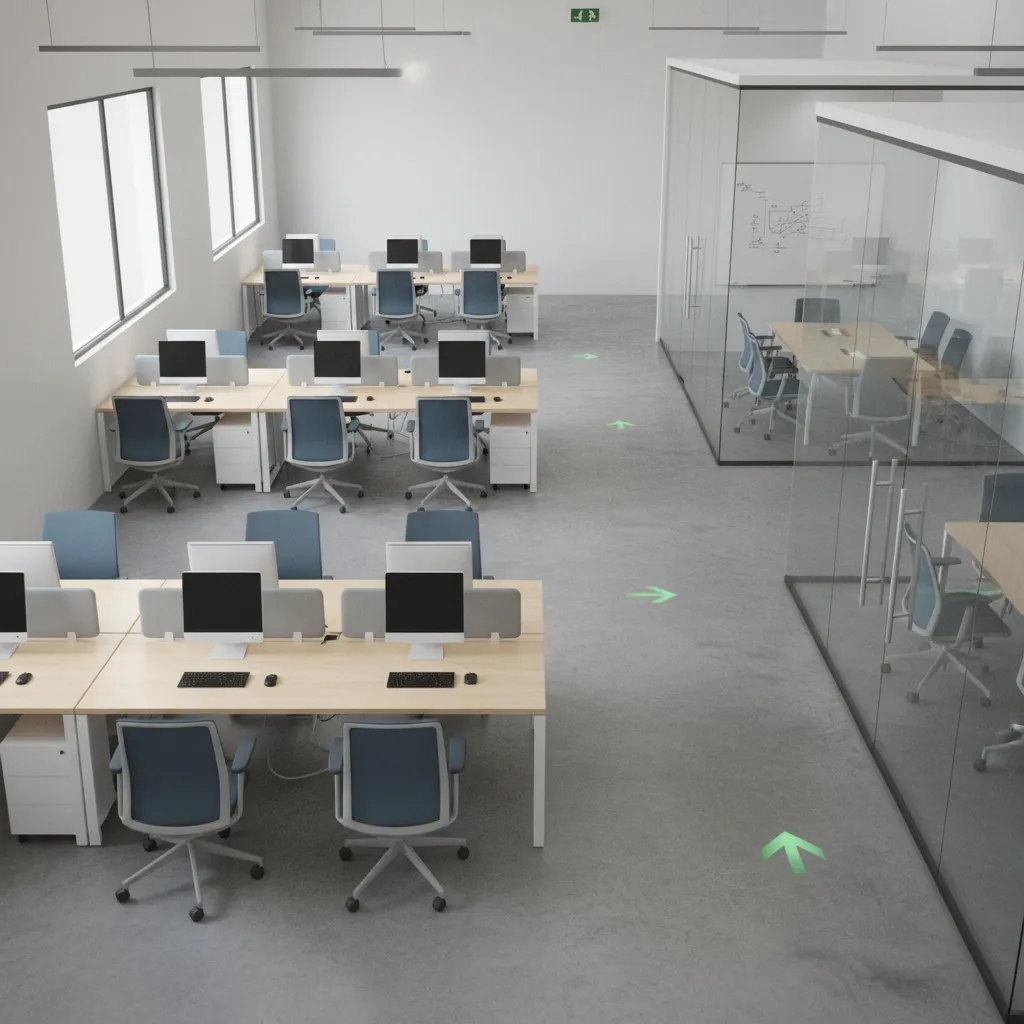 Coworking office layout showing emergency evacuation routes and exits