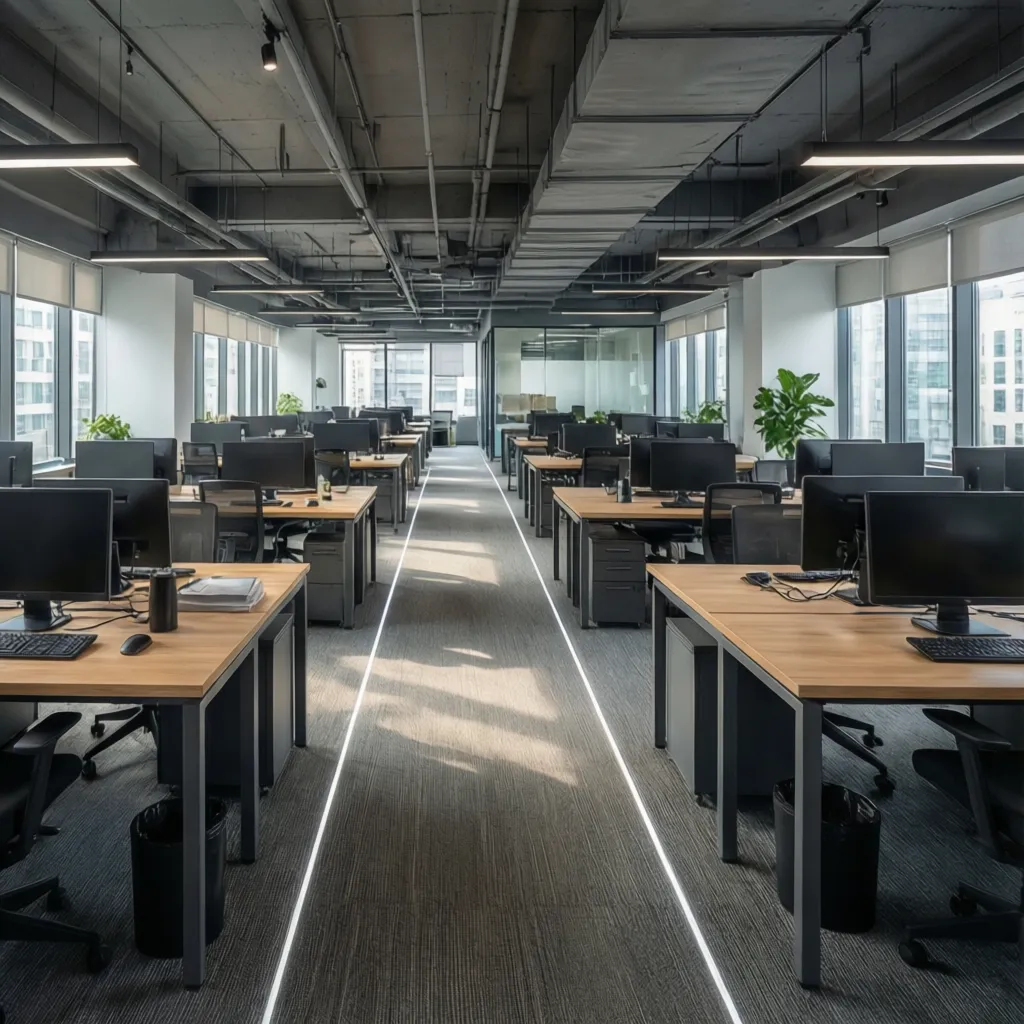 Planificación del espacio de un coworking con mesas y circulación