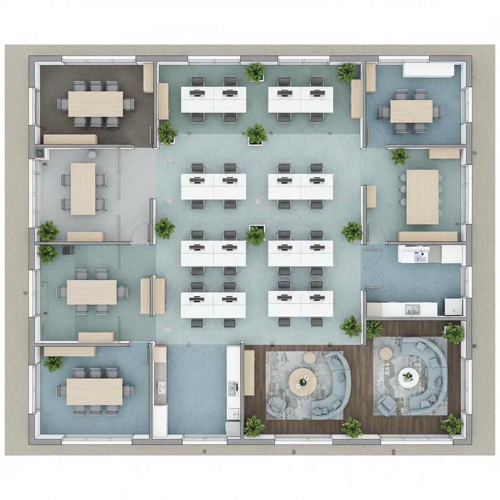 Coworking space floor plan showing desks meeting rooms and lounge areas