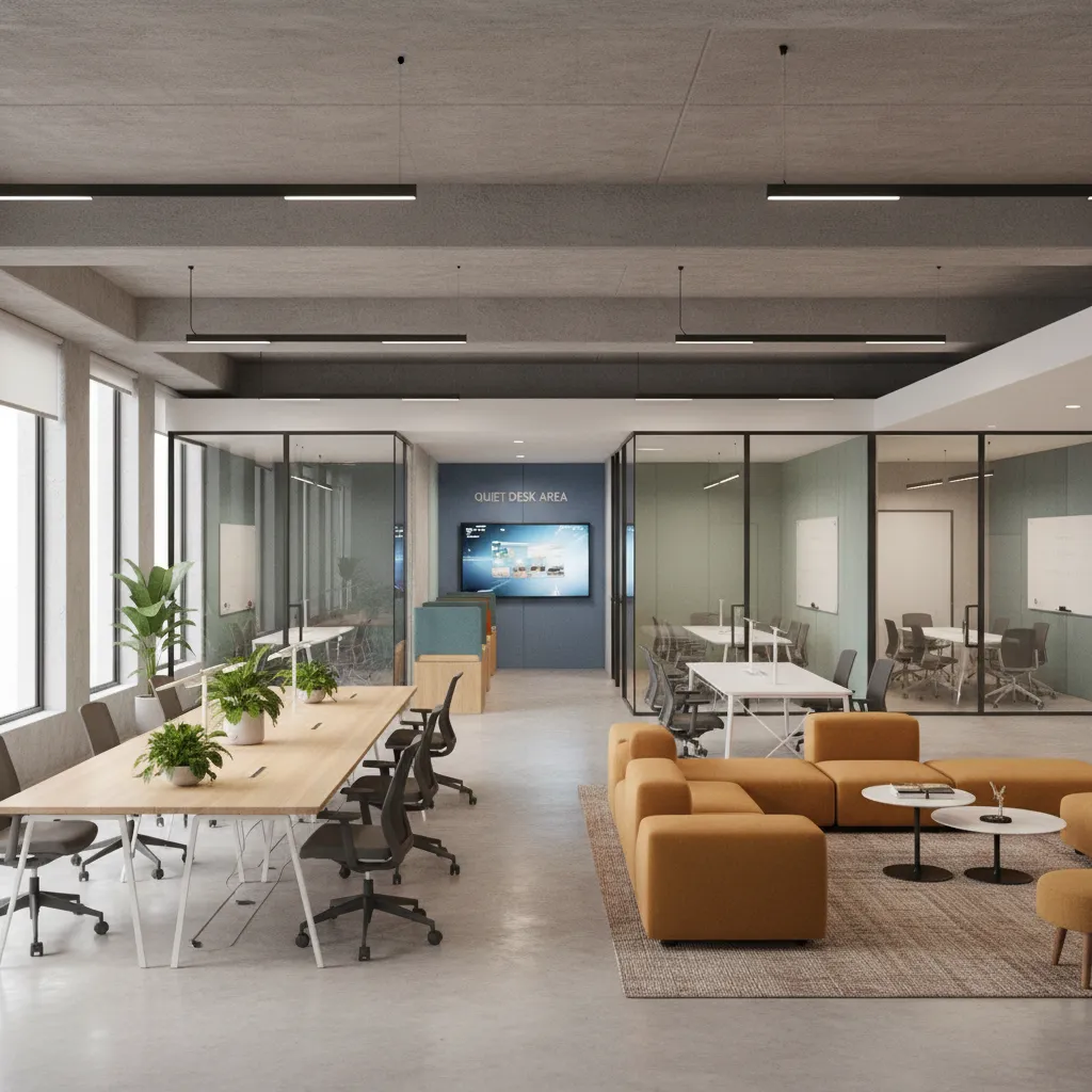 Distribución interior de coworking con diferentes zonas de trabajo