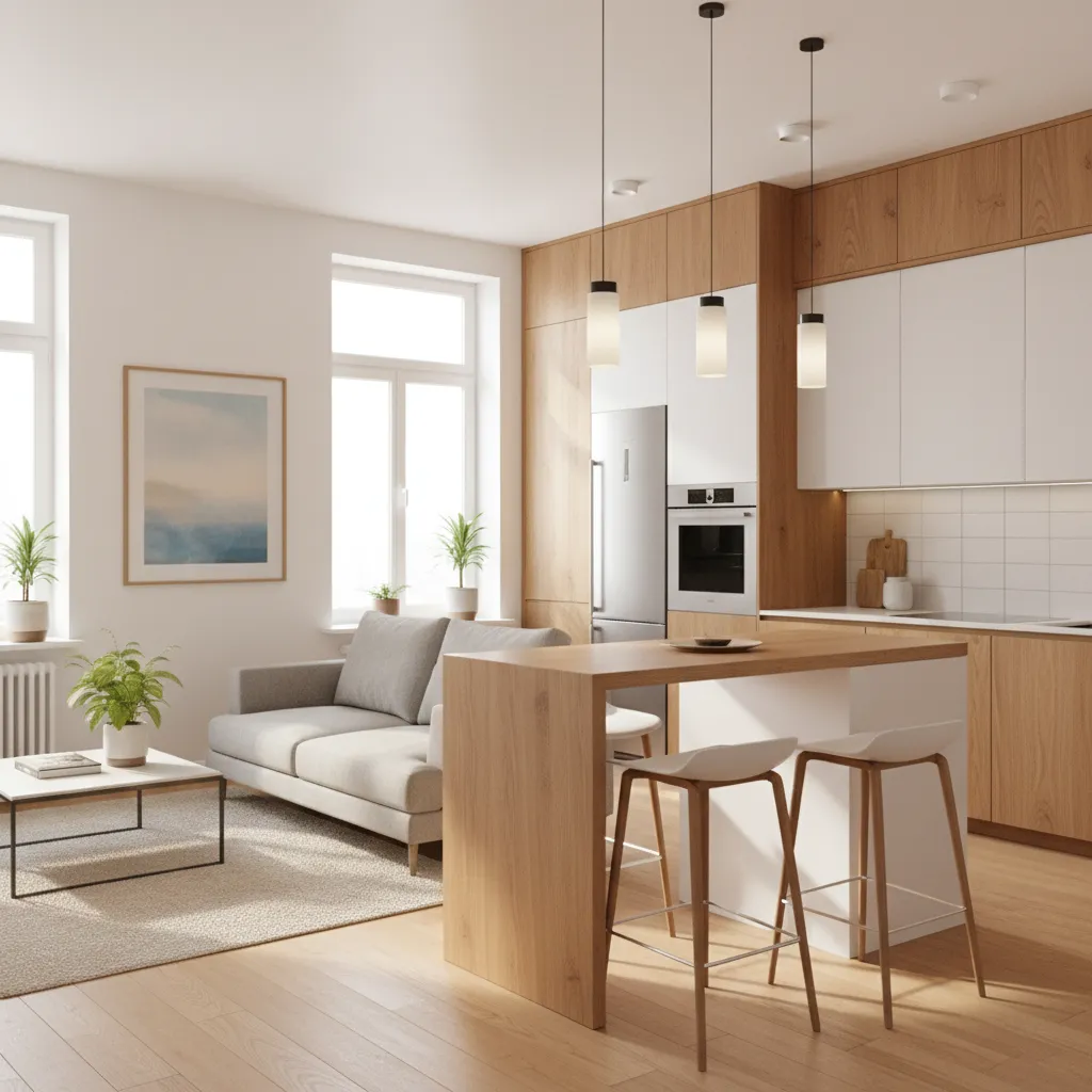 cozinha americana compacta com bancada em casa pequena