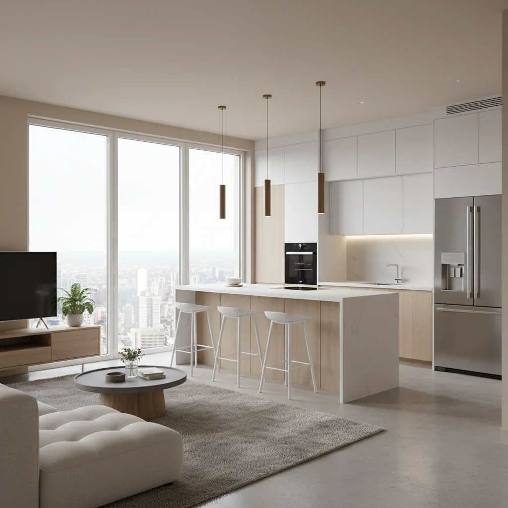 sala integrada com cozinha americana em casa pequena