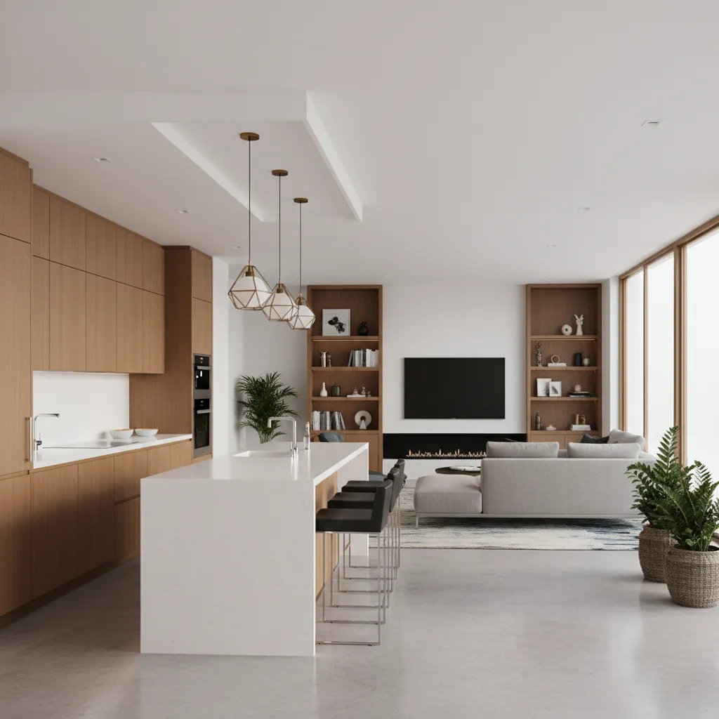 Cozinha com península separando sala e cozinha integradas